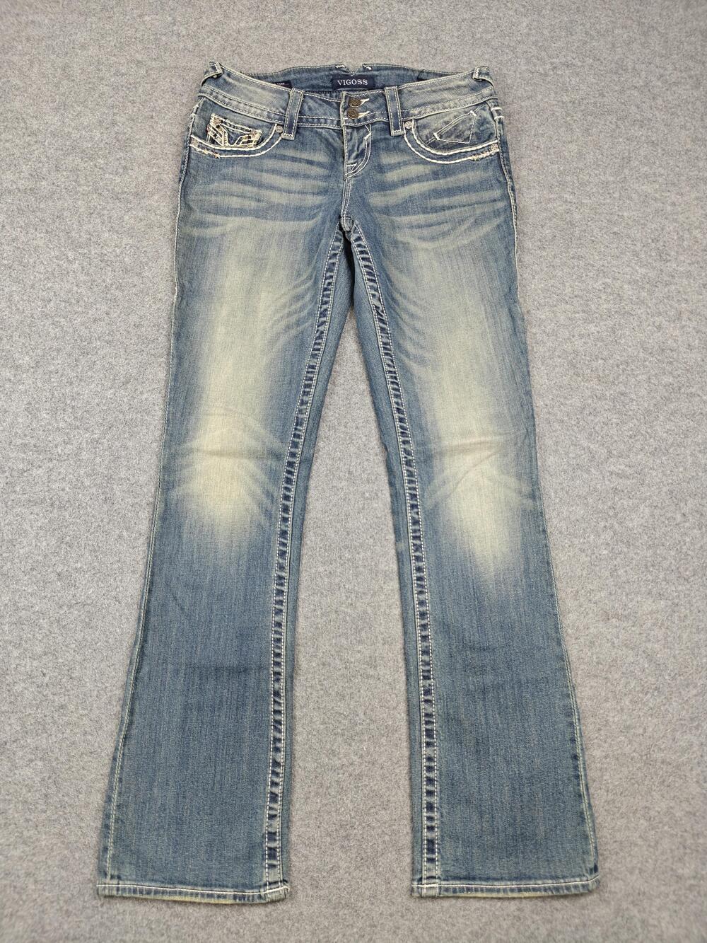 VIGOSS Jeans Womens 3/4 Blue Light Wash Bootcut Beaded Embroidered 33 Inseam